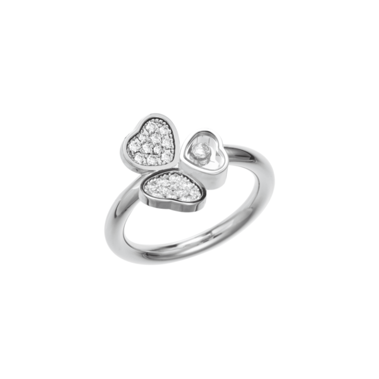Chopard - Happy hearts ring in white gold with two hearts set with 22 diamonds and a heart with a moving diamond