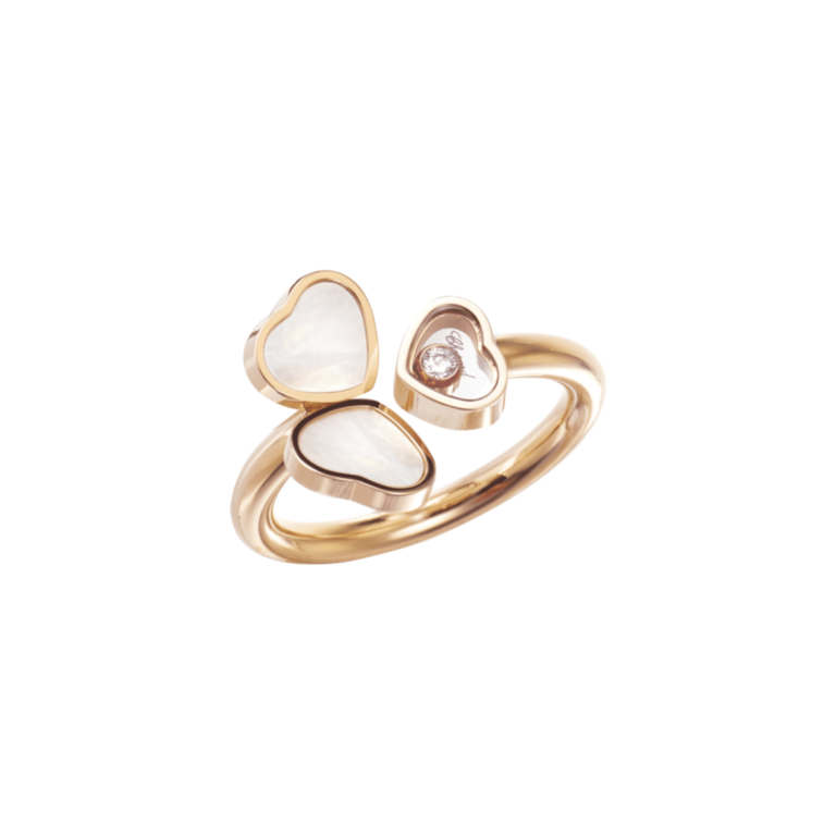 Chopard - Happy Hearts pink gold ring with two mother-of-pearl hearts and a mobile diamond heart