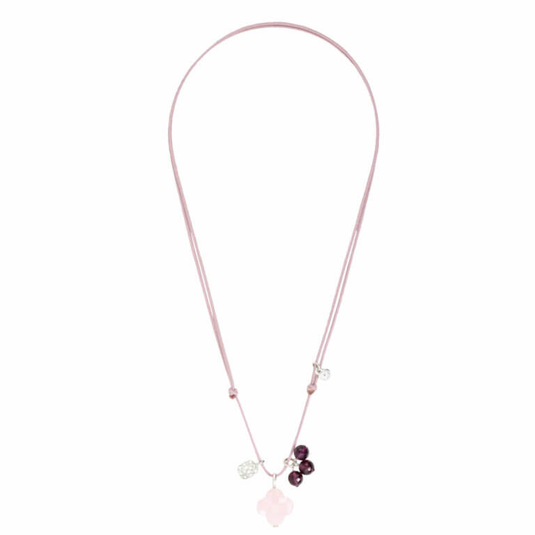 Morganne Bello - Gri-Gri collier cordon vieux rose avec trèfle quartz rose poudré et rhodolite