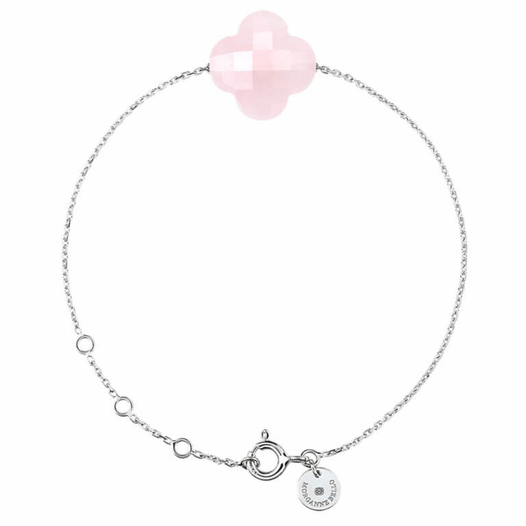 Morganne Bello - White Clover Wristband Bracelet in White Gold with a Pink Quartz
