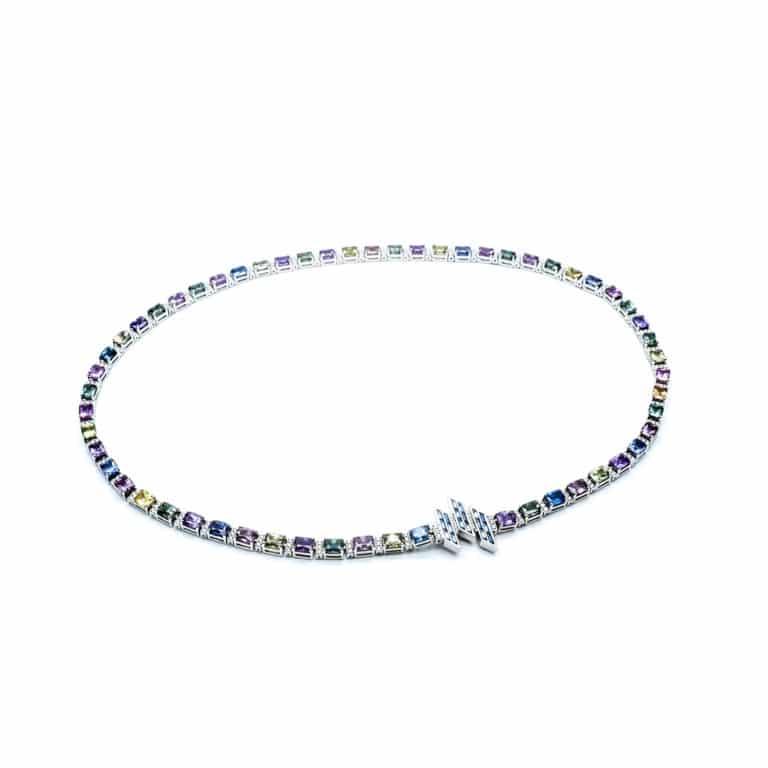River necklace set with multicolored sapphires and diamonds