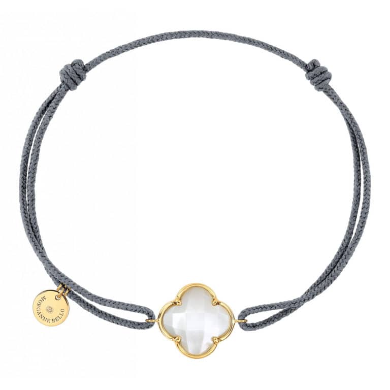 Morganne Bello - Victoria bracelet cordon gris avec motif trèfle en nacre, entourage or jaune