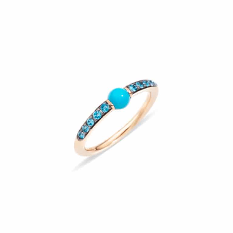 Pomellato - M’ama non M’ama ring in pink gold set with 10 blue zircons and a turquoise cabochon