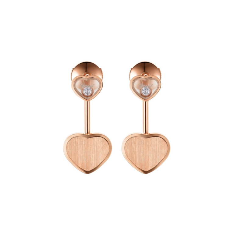 Chopard - Happy Hearts Edition limitée 007 boucles d’oreilles pendantes en or rose 750, motif cœurs avec deux diamants diamants mobiles et deux motif cœurs en or rose
