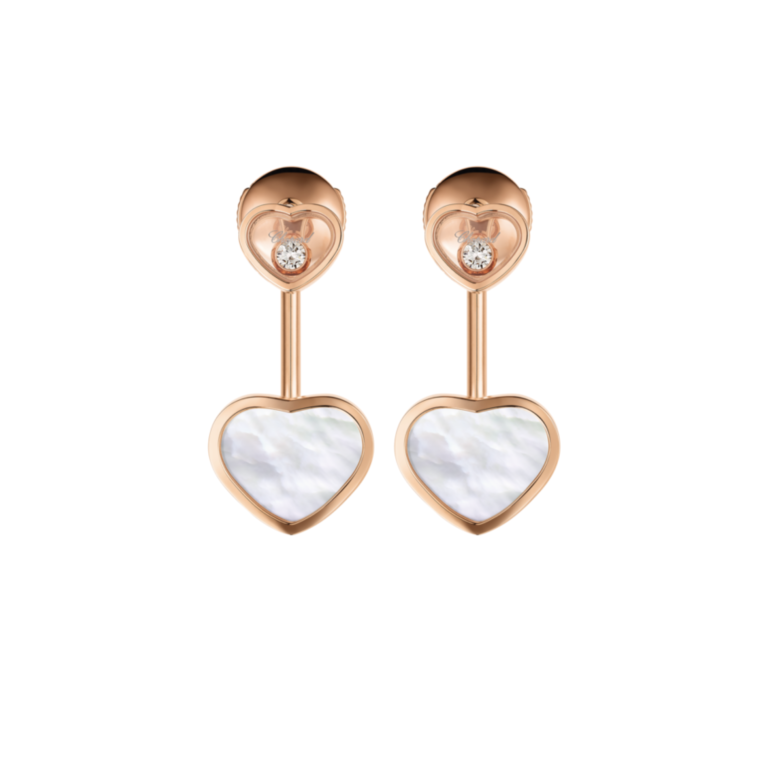 Chopard - Happy Hearts earrings in pink gold, 2 small hearts with two moving diamonds and two hearts with mother-of-pearl