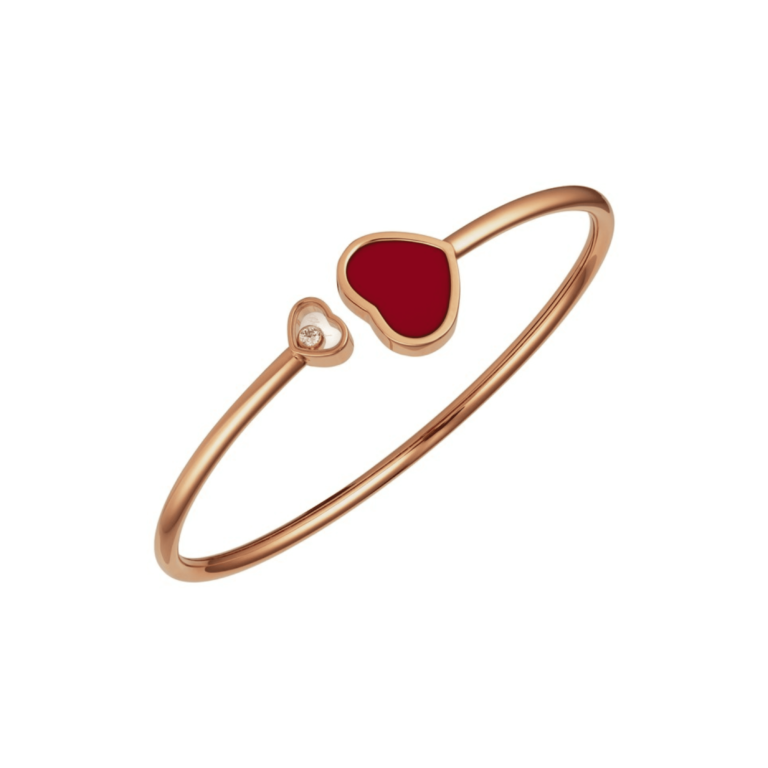 Chopard - Happy Hearts bracelet rigide en or rose, coeur avec une pierre rouge et un coeur avec un diamant mobile