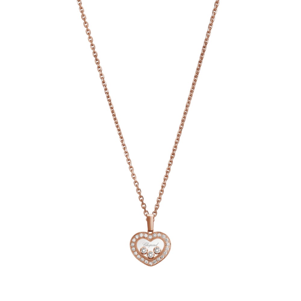 Happy Diamonds necklace in pink gold with pendant in the shape of hearts set with 22 diamonds and 3 moving diamonds