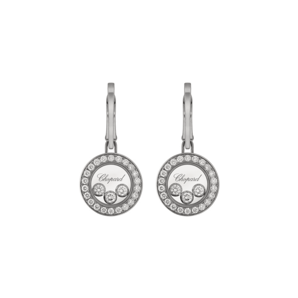Happy diamonds dangling earrings in white gold set with 44 diamonds and 6 mobile diamonds