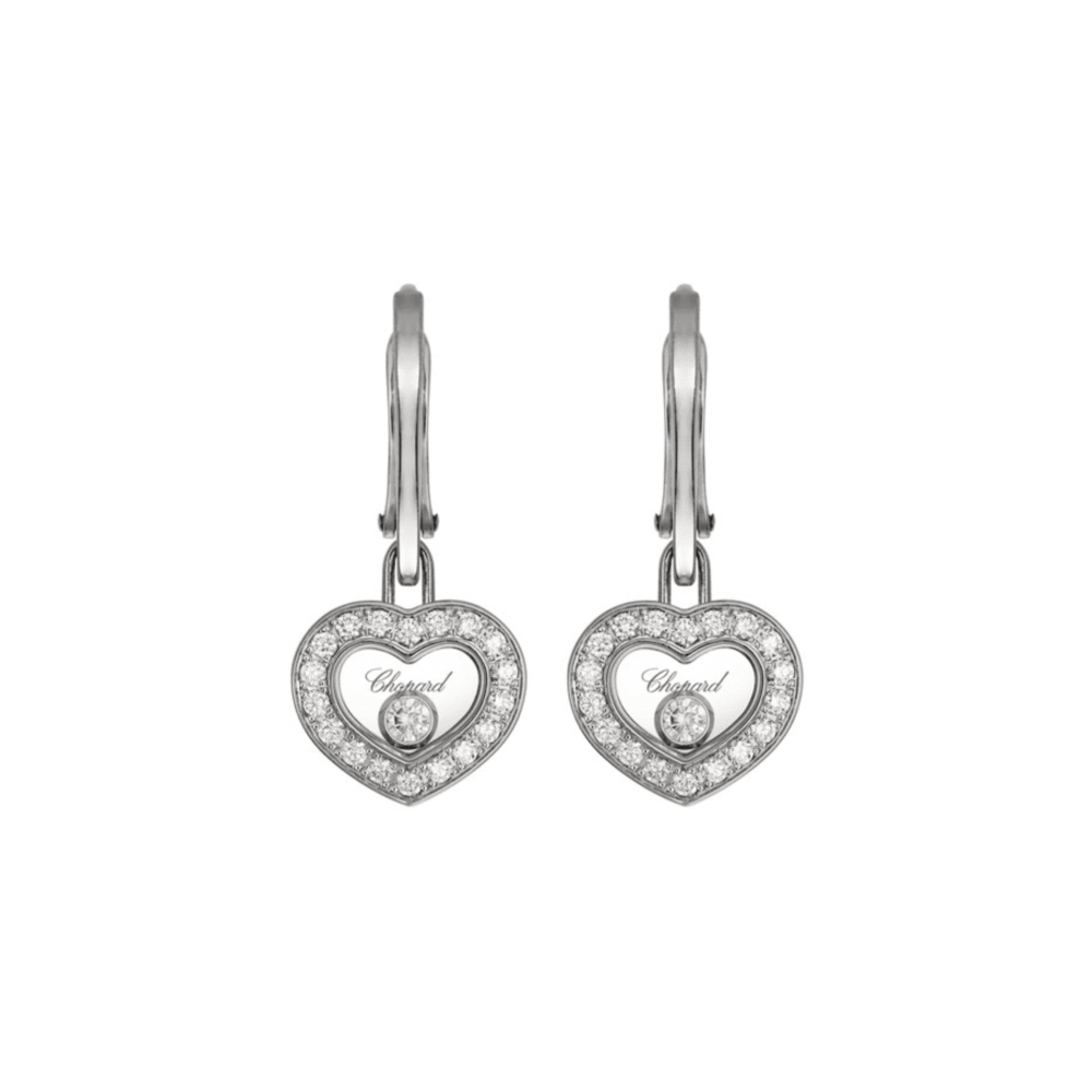 Happy Diamonds dangling earrings in white gold, hearts set with 36 diamonds and two mobile diamonds
