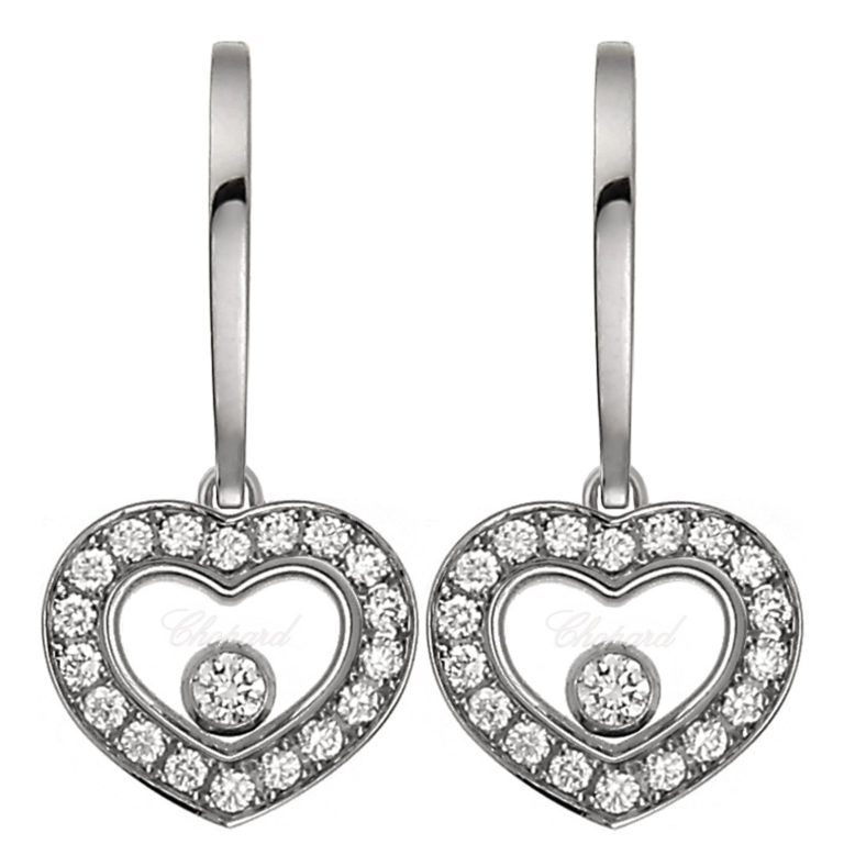 Chopard - Happy Diamonds boucles d’oreilles pendantes en or blanc, cœurs serties de 36 diamants et deux diamants mobiles