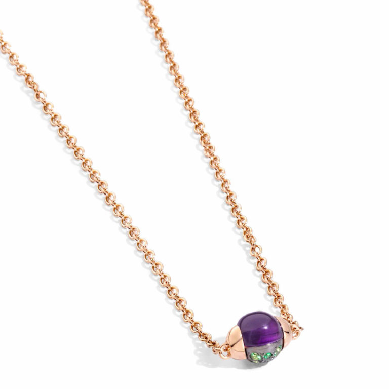 Pomellato - Necklace in 750 pink gold Forçat mesh with pendant set with a round cabochon amethyst and a tsavorite