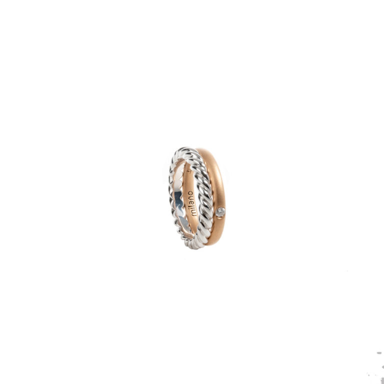 Pomellato - Milano Bague double anneaux en or blanc tressé et or rose mat serti d’un diamant