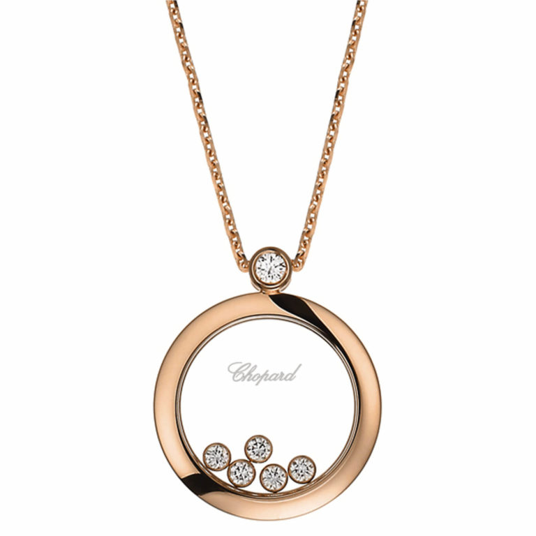 Chopard - Happy Diamonds collier en or rose 750, pendentif rond serti clos d’un diamant et 5 diamants mobiles