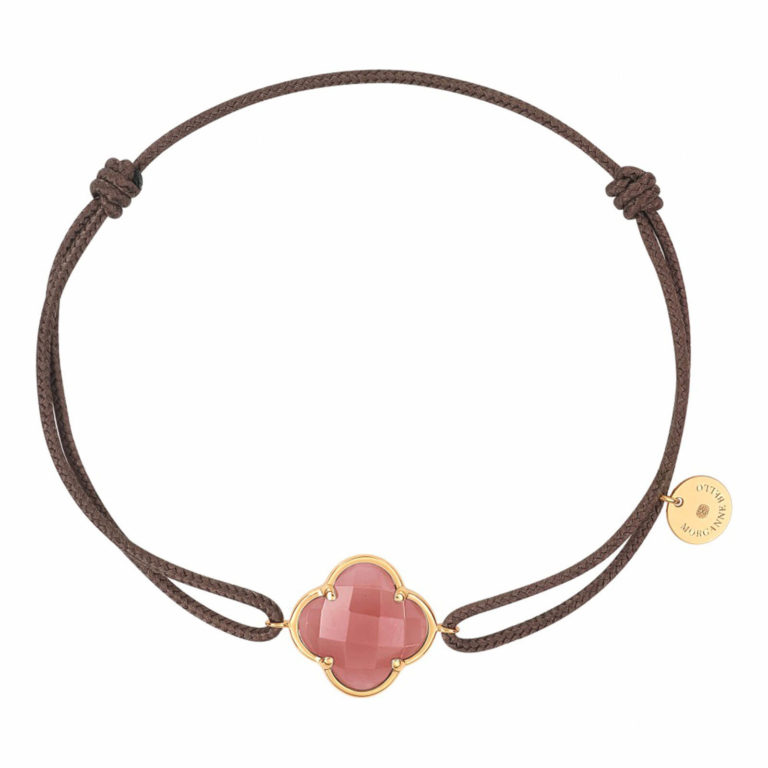 Morganne Bello - Victoria bracelet on taupe cord, cloverleaf guava quartz in yellow gold