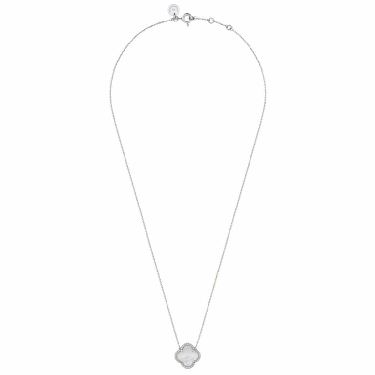 Morganne Bello - Victoria white gold necklace set with a white mother-of-pearl clover surrounded by diamonds