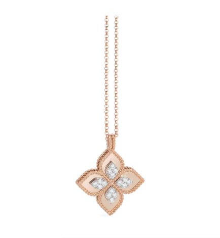 Roberto Coin - Fleur de princesse collier en or rose 750 avec un pendentif en forme de fleur sertie de 16 diamants