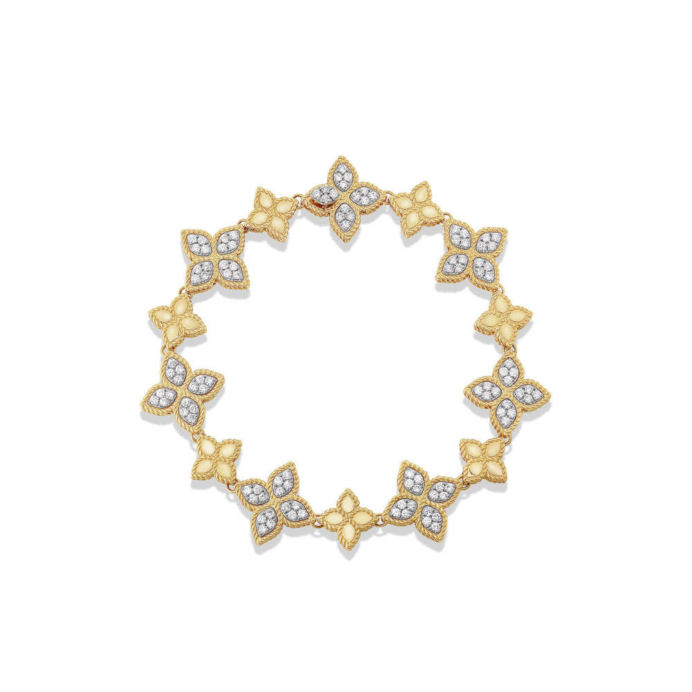 Bracelet in 750 yellow gold with flower motifs set with diamonds