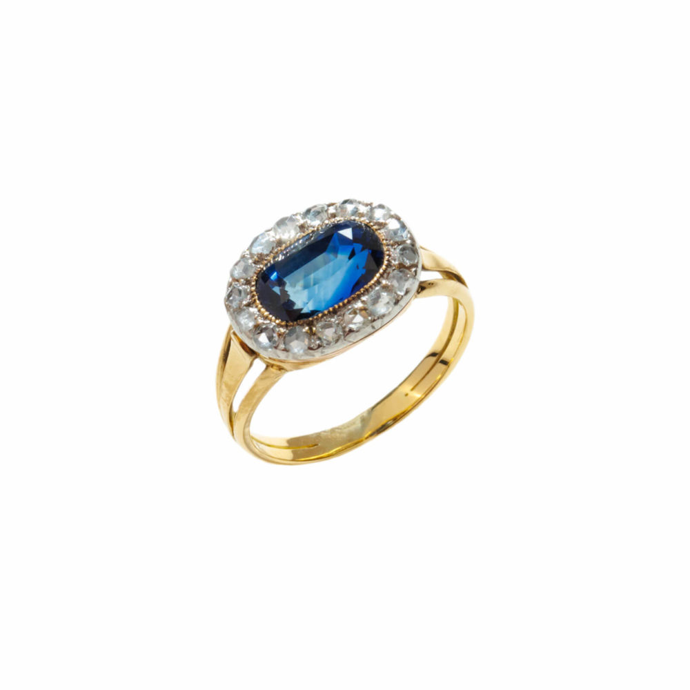 Bague or 585 jaune et rose avec saphir et diamants