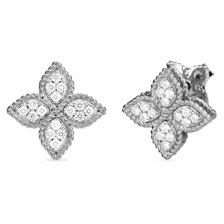 Roberto Coin - Fleur de Princesse boucles d’oreilles en or blanc serties de 32 diamants et deux rubis