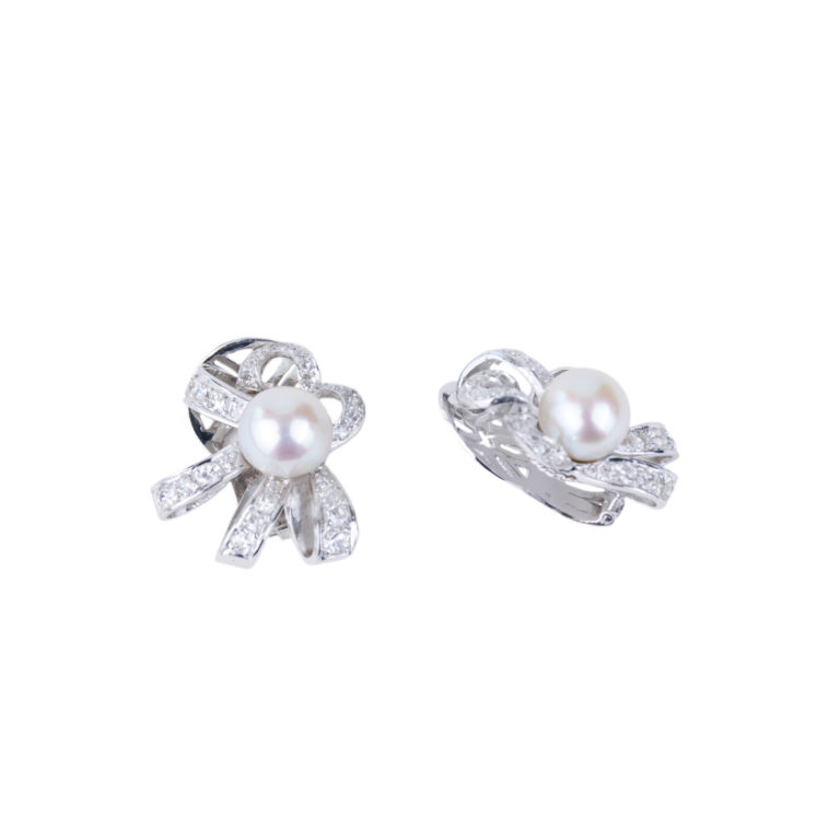 Bijoux Vintage - Clips d’oreilles or blanc 750 perles de culture Akoya et diamants