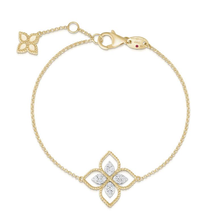 Roberto Coin - Princess flower bracelet in yellow gold with a flower motif set with 16 diamonds and a ruby