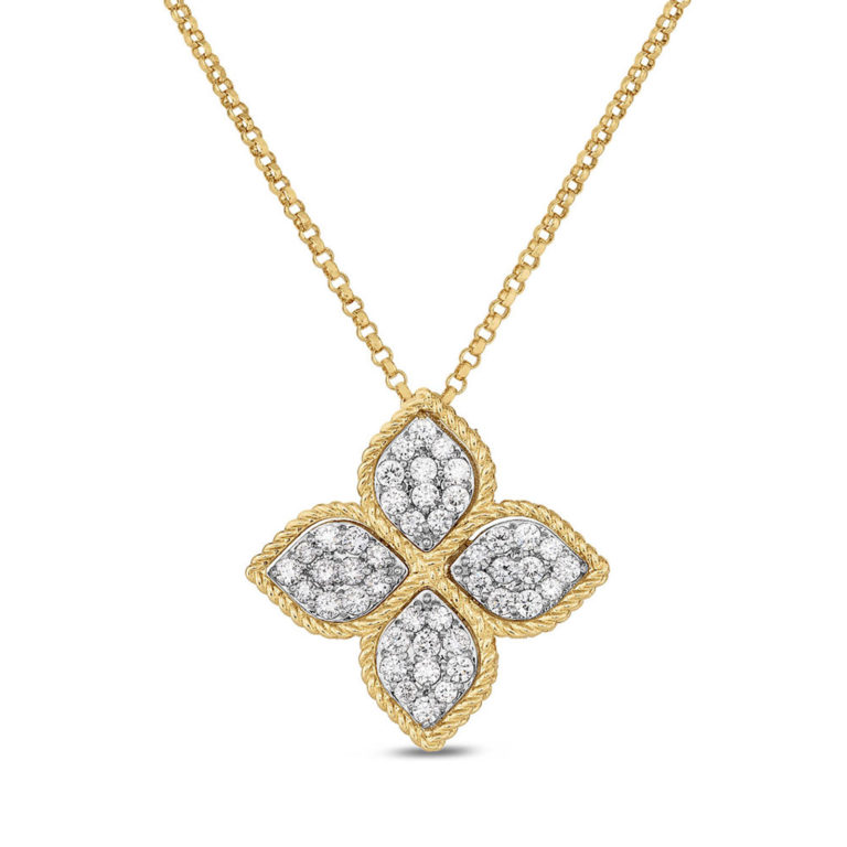 Roberto Coin - Princess flower necklace with pendant in yellow gold and white gold set with 44 diamonds and a ruby