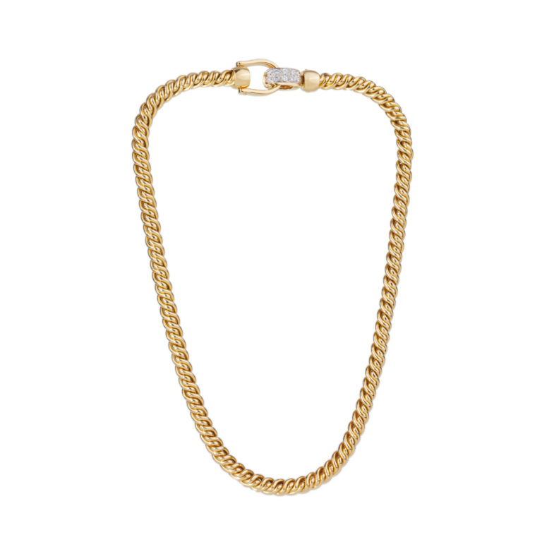 Pomellato - Spiga style necklace in yellow gold fancy mesh with integrated clasp set with 10 diamonds