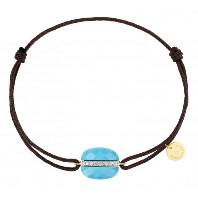 Morganne Bello - Aurore taupe cord bracelet, turquoise cushion set with diamonds on yellow gold
