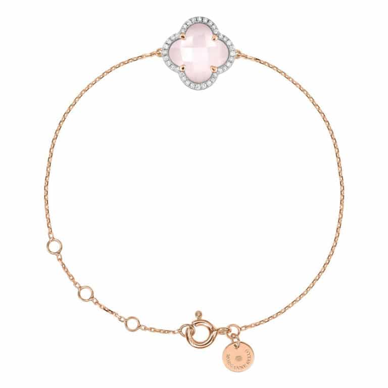 Morganne Bello - Victoria bracelet in 750 pink gold, clover motif in milky pink quartz surrounded by diamonds