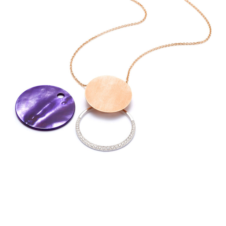 Mattioli - Mape, collier en or rose 750, pendentif rond en or rose, en nacre violette et or blanc sertie de diamants