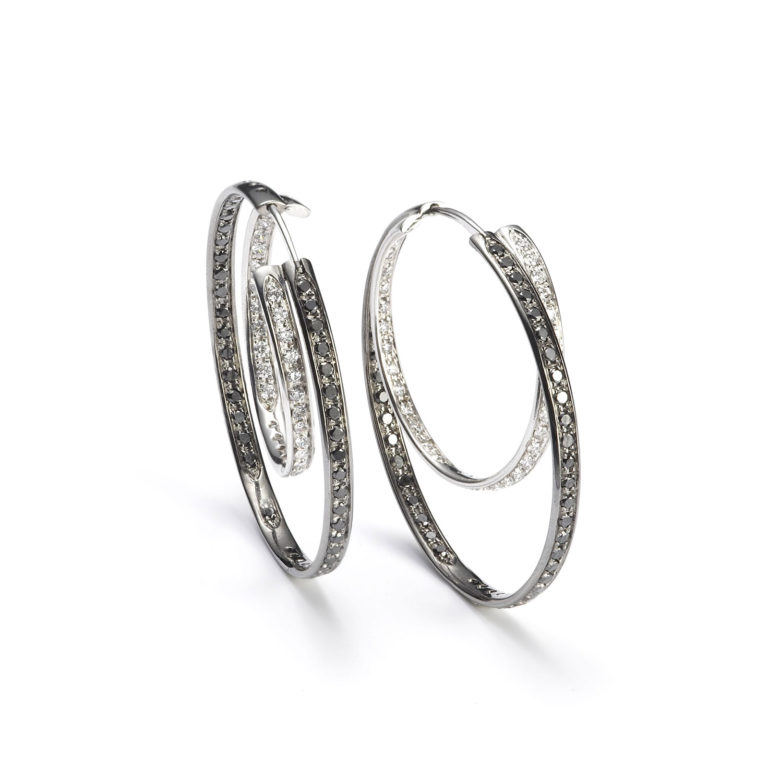 Mattioli - Tibet, 750 white gold hoop earrings set with black and white diamonds
