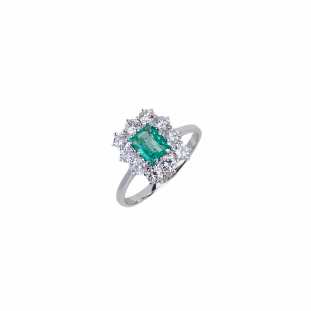 Vintage bague en or blanc 750, sertie d’une émeraude et 10 diamants