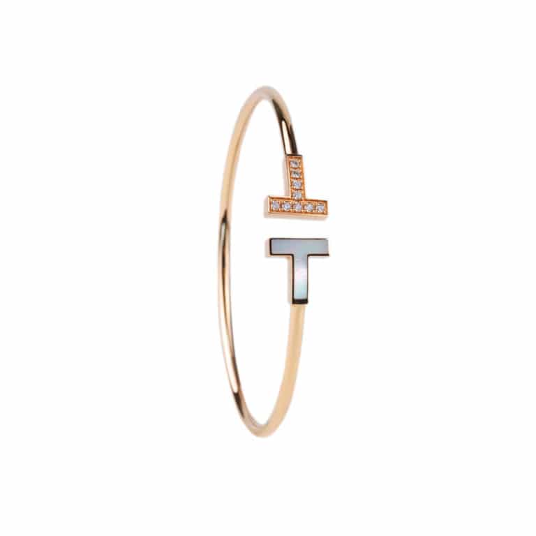 Tiffany & Co - Tiffany T, bracelet en or rose 750, nacre blanche et 9 diamants