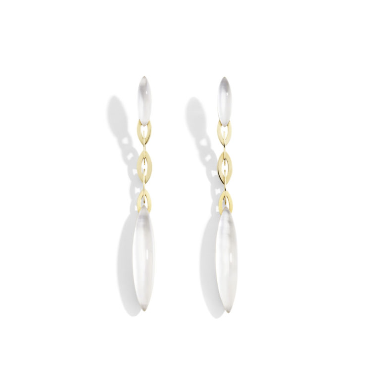 Vhernier - Fuseau, boules d’oreilles pendantes en or rose 750, serties de cristal de roche et de nacre blanche