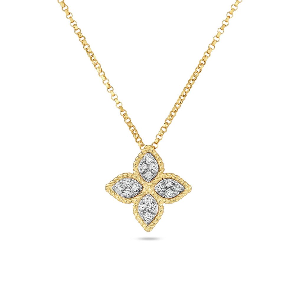 Fleur de princesse collier or jaune 750 pendentif en forme de fleur serti de 16 diamants et un rubis