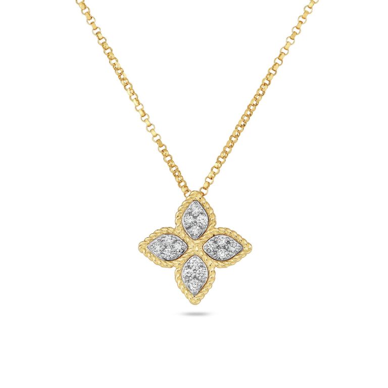 Roberto Coin - Fleur de princesse collier or jaune 750 pendentif en forme de fleur serti de 16 diamants et un rubis