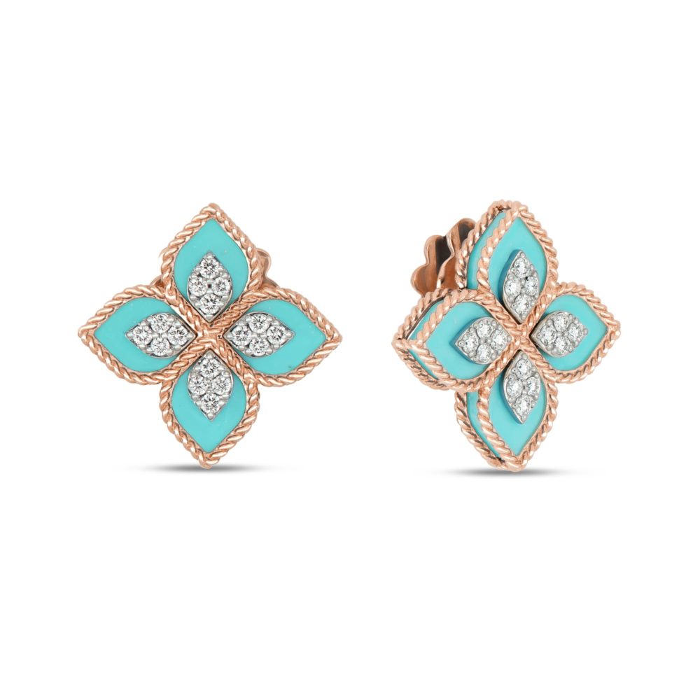 Princess Flower – Boucles d’oreilles en or rose et or gris 750 avec 8 turquoises