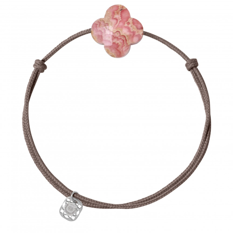 Morganne Bello - Bracelet cordon taupe – trèfle rhodochrosite