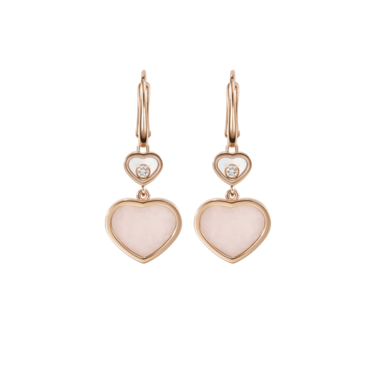 Chopard - Happy Hearts – Boucles d’oreilles en or rose serties de deux cœurs en opales rose