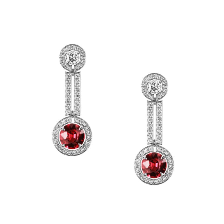 Lionel Meylan Créations - White gold earrings set with two 1.13ct oval-cut spinels surrounded by white diamonds