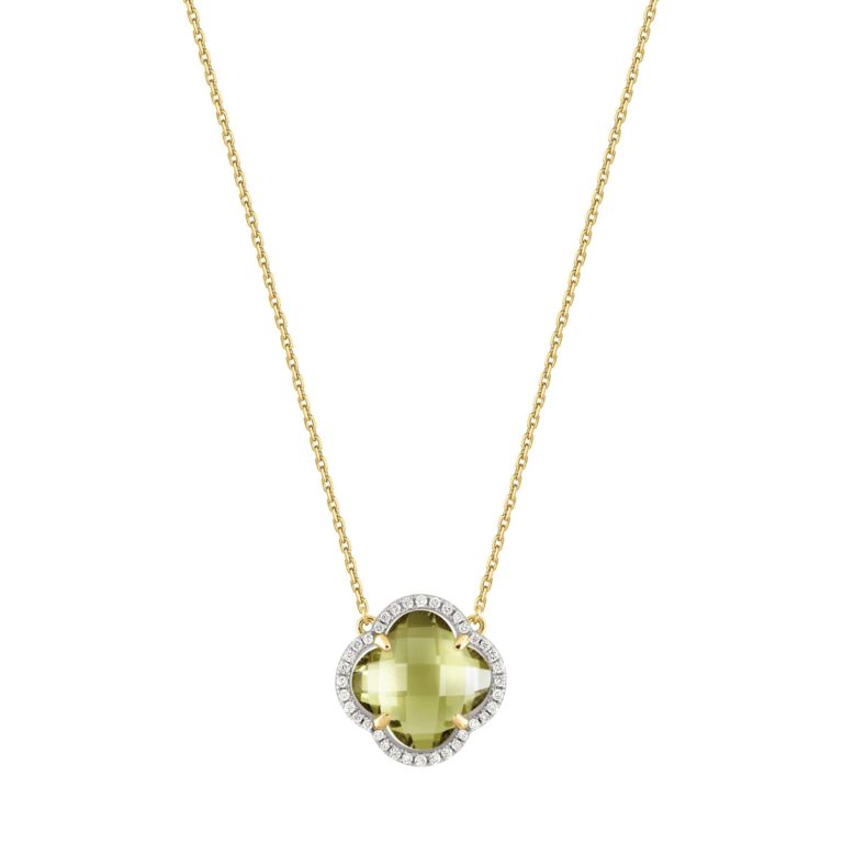 Morganne Bello - Victoria necklace in yellow gold with olive quartz and white diamonds