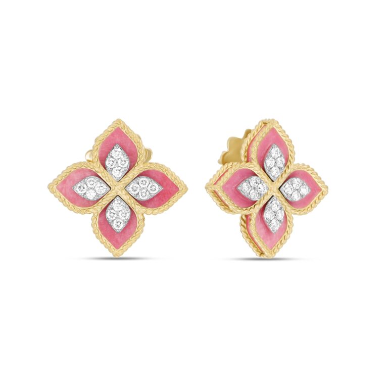 Roberto Coin - Princess Flower – Earrings in yellow gold, rhodonites and diamonds