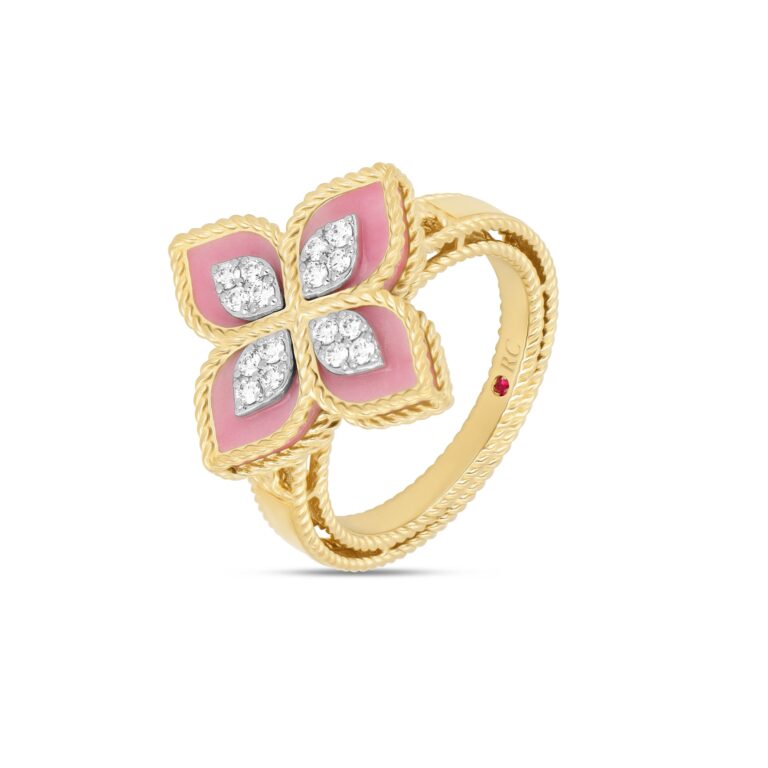 Roberto Coin - Princess Flower – ring in yellow gold, rhodonite and diamonds